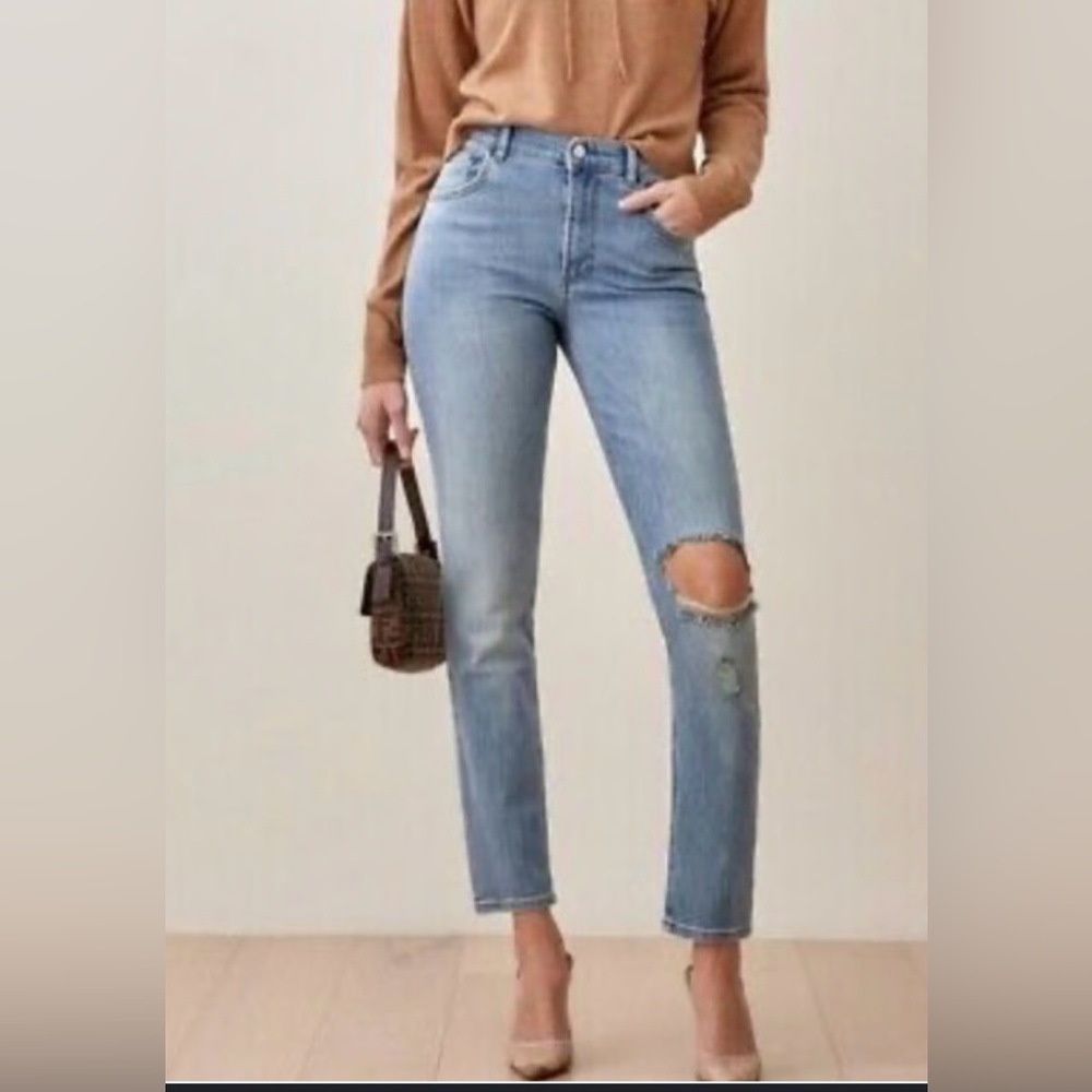 Reformation Light Blue Cyprus Destroyed Straight Leg Jeans sz 30